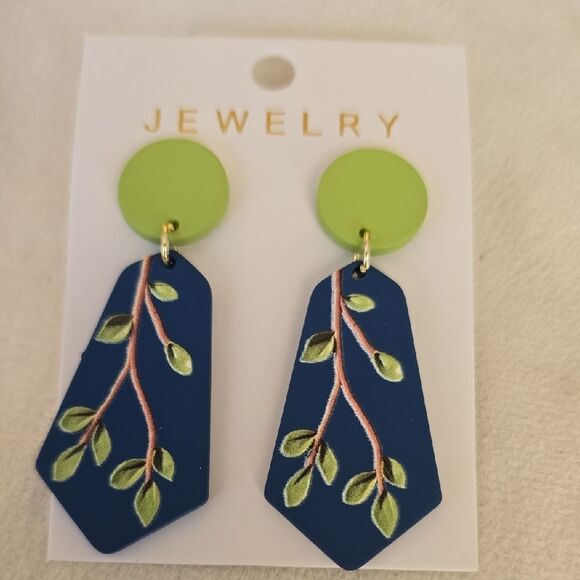 Green and Blue Print Earrings - Picture 1 of 5